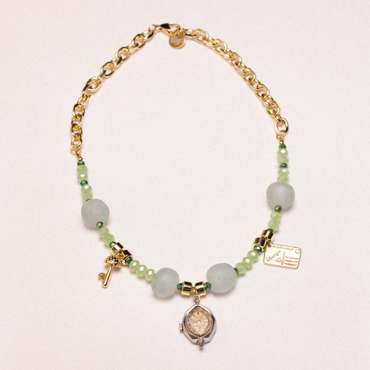 Soft Sage Beaded Watch Charm Necklace