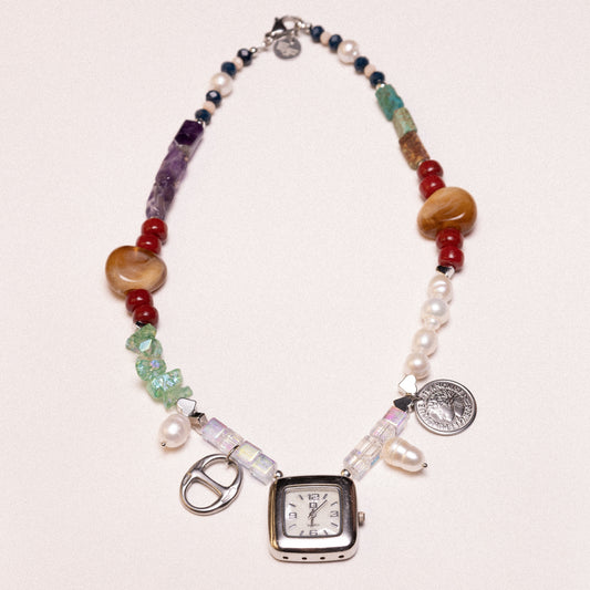 Technicolor Beaded Watch Charm Necklace