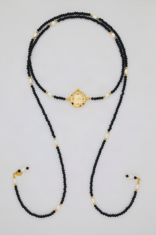 Alba Watch Lariat - Black and Gold with clear quartz watch dial