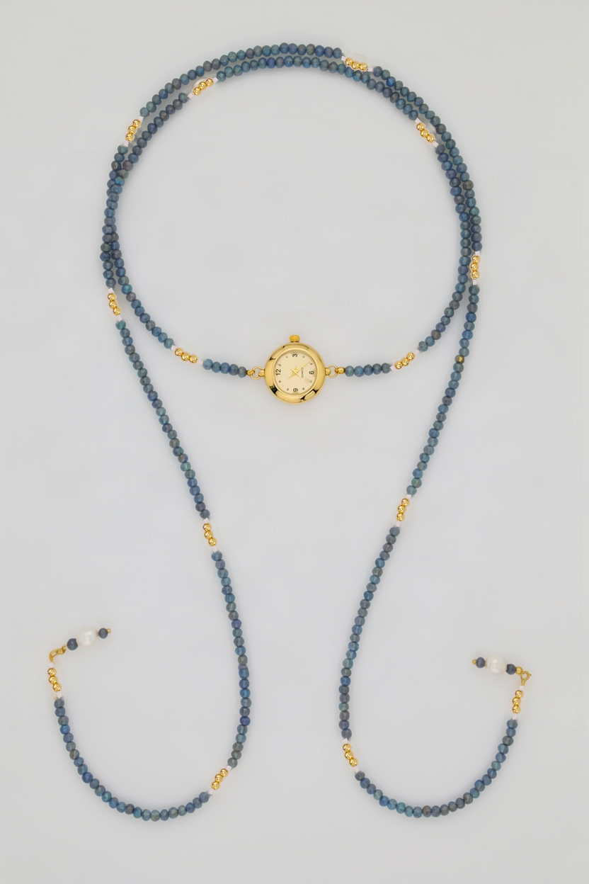 Índigo Watch Lariat with blue crystals, pearls, gold accents and new gold watch centerpiece