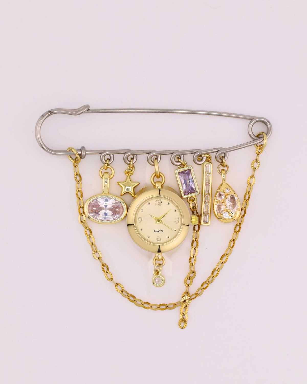 La Isla Watch Brooch — Option B with round gold watch and gemstone charms