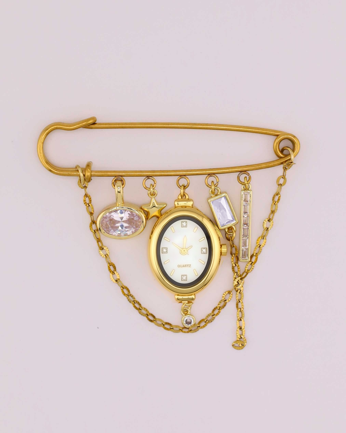 La Isla Watch Brooch — Option C, oval gold watch and translucent light purple crystal